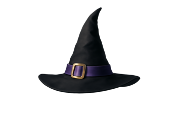 Classic black pointed witches hat with a wide brim and a purple band with a gold square buckle essential halloween accessory element isolated on transparent background