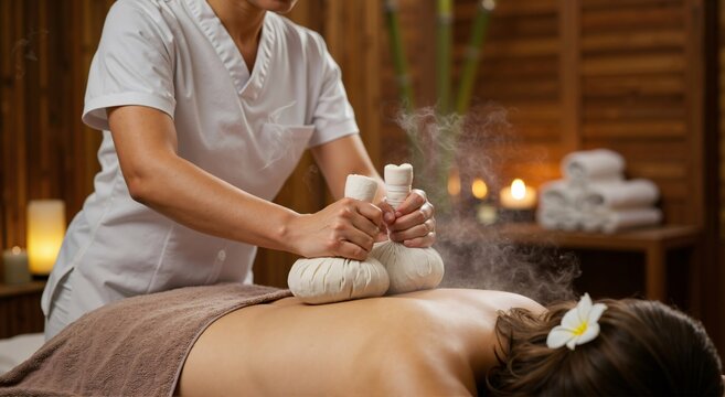 Woman therapist giving hot herbal compress massage to female client back. Traditional thai spa treatment for relaxation and wellness.