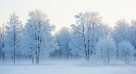 Obraz premium Winter Forest Covered in Snow Under Pale Sky at Dawn