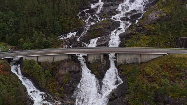 Famous Langfossen waterfall seen from above in wild Norway terrain