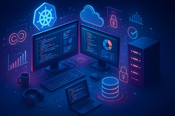 DevOps engineering workspace with dashboards servers cloud icons and kubernetes symbol