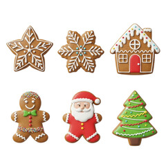 Assortment of festive christmas gingerbread cookies isolated on transparent background