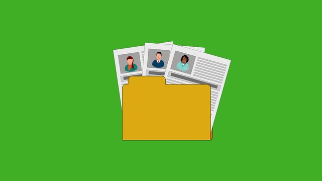 Animation of a flat-style folder with personal files on a chromakey background. 4K