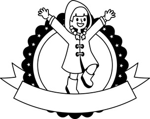 black and white logotype of A girl in a red coat is jumping