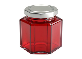Hexagonal glass jar filled with red liquid and a silver lid isolated on a black background isolated on white background isolated on transparent background