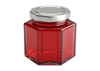 Hexagonal glass jar filled with red liquid and a silver lid isolated on a black background isolated on white background isolated on transparent background