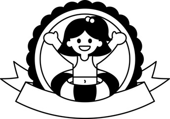 black and white logotype of A cartoon girl in a pink swimsuit
