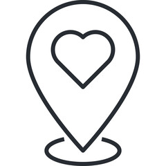 Simple outline icon of a location pin with a heart symbol inside on a transparent background representing love or favorite place