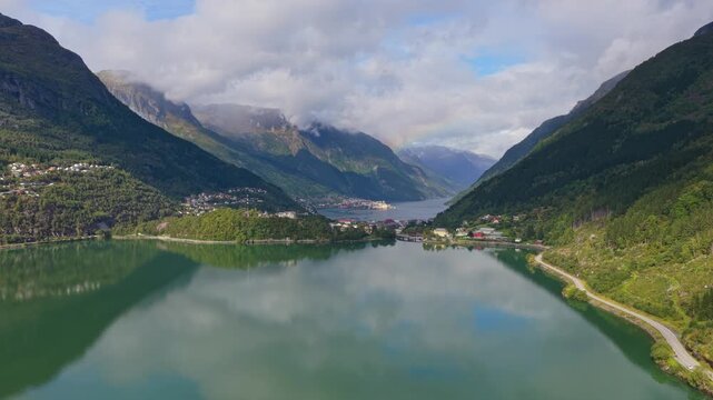 Drone view of Odda village nestled between mountains in Norway