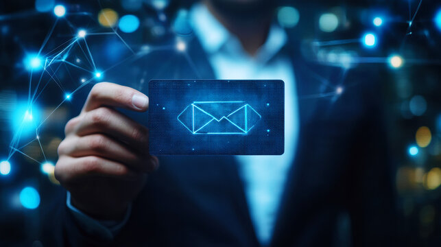 Businessman touching holographic Email Icon and  representing online messaging and connection glowing envelope in technology 