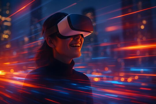 Excited young woman enjoying immersive virtual reality experience at night