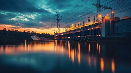 Tranquil Power Plant at Dusk with Reflective Water and Lighting