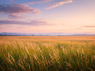 Obraz premium Dreamy summer meadow at sunset with tall golden grass and soft pink sky, perfect for peaceful backgrounds