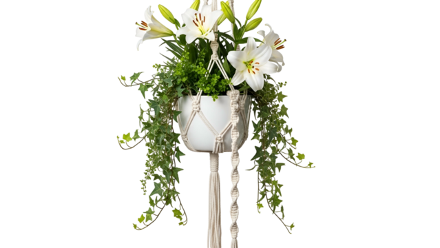 Elegant White Lily and Green Foliage in Macrame Plant Hanger on Transparent Background