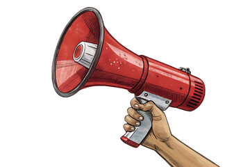 Naklejka premium Hand holding a classic red megaphone for amplification and communication isolated on transparent background isolated on white background