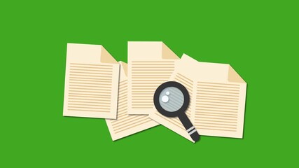 Animation of files and a magnifying glass on a chroma key background. 4K - Powered by Adobe