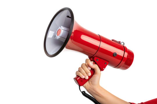 Hand holding a red megaphone with a black background isolated on transparent background isolated on white background