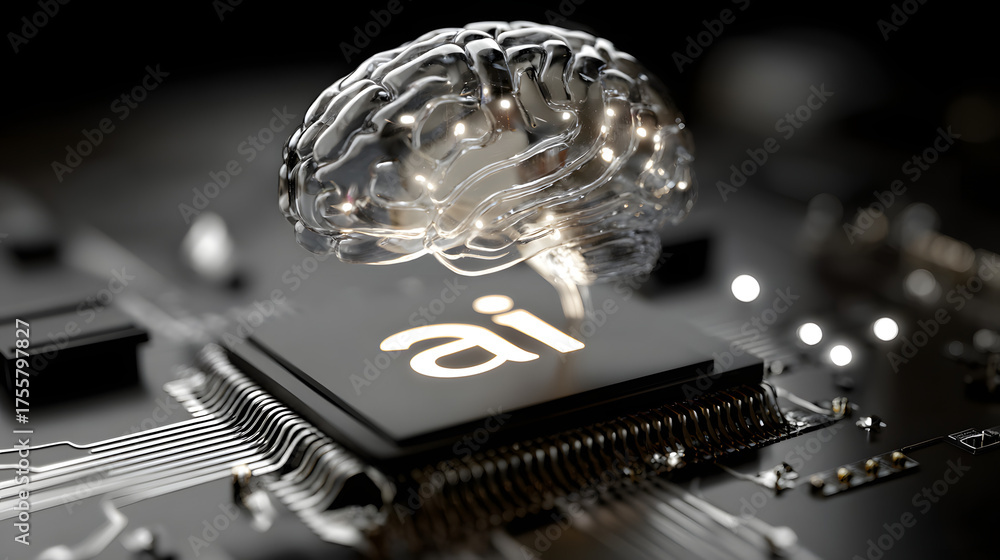 Wall mural a glowing blue hologram of the letters ai floating above an electronic chip surrounded by digital da