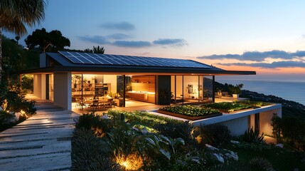 Modern coastal house with solar panels and stunning sunset view