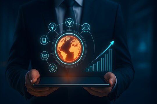 Global business growth strategy with digital analytics icons around the world - Powered by Adobe