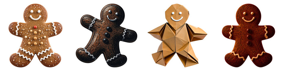 Four decorated gingerbread cookies on Transparent background.