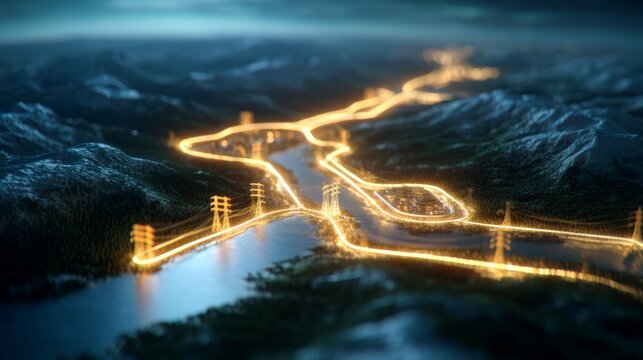 A stylized aerial view of illuminated power lines winding through a mountainous landscape, reflecting energy distribution in a natural setting.