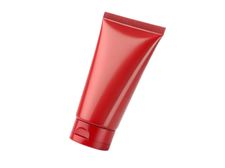 A bright red squeezable tube with a flip top cap isolated on a black background isolated on white background isolated on transparent background