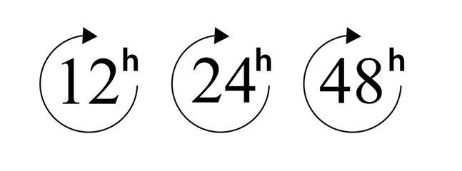 Hour icon 12, 24, 48 and 72 hours clock arrow. Fast service Work time effect or delivery service time icons 24 hours sign. Vector