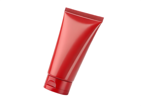 A bright red squeezable tube with a flip top cap isolated on a black background isolated on white background isolated on transparent background