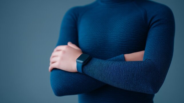 A close-up of a person in a fitted blue long-sleeve shirt, arms crossed, showcasing a smartwatch on their wrist against a muted background.