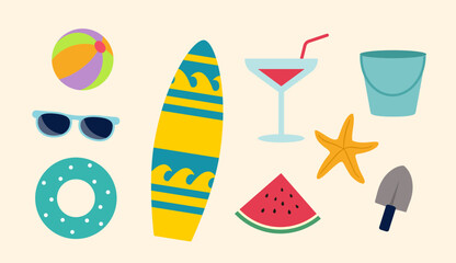 Obraz premium Summer beach element set. Includes a starfish, sunglasses, surfboard, swim ring, beach ball, watermelon, cocktail, and bucket. Flat vector illustration.