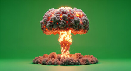 Massive Fiery Explosion Mushroom Cloud 3D Render on Green Screen Background