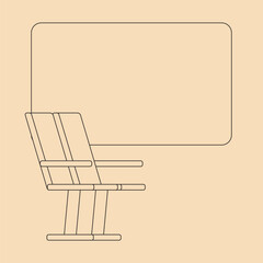 Vector isolated illustration with 2 seats in train carriage near big window. Beige background and black outline. Icon scene about adventure of trip, comfort journey in public transport