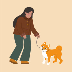 Vector illustration with happy young woman training dog outdoor. Owner cares about pet, play with siba inu for his health and looks happy. Flat cartoon characters in autumn cozy style