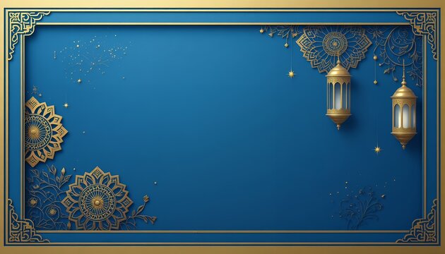 Elegant gold ornamental lanterns and filigree floral patterns on a deep blue textured backdrop - Powered by Adobe
