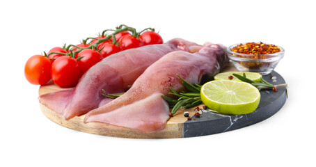 Fresh raw squids, tomatoes, lime slices and spices isolated on white