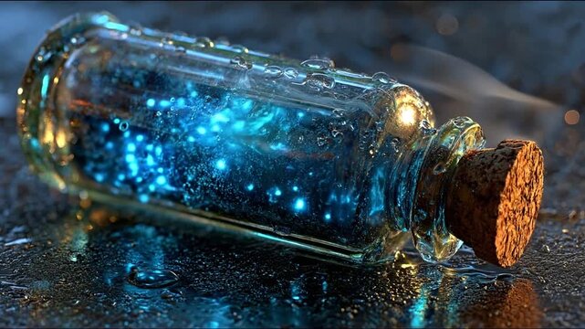 Glowing liquid in glass bottle with cork stopper against a dark backdrop