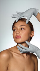 Woman with hands in gloves around face expressing trust precision and calm before aesthetic...
