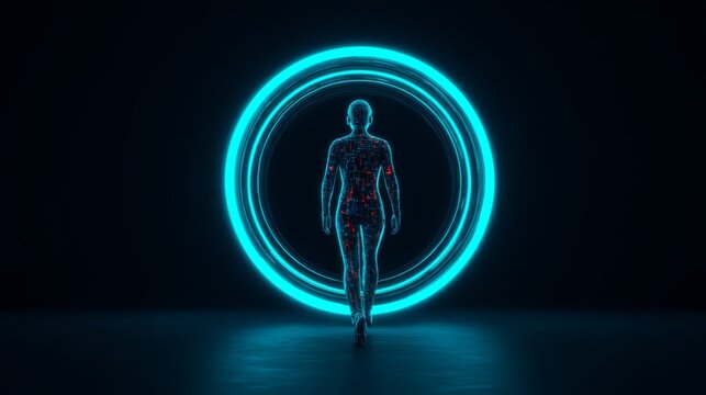 A futuristic digital figure stands in a glowing circle, embodying themes of technology and human connection in a dark environment. - Powered by Adobe
