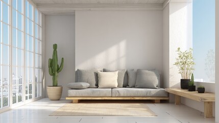 Minimal interior, spacious living room, light grey sofa, low wooden bench table, indoor cactus plant, airy bright window light, real photo look 