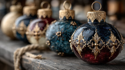 Close-up of Shiny Christmas Ornaments with Gold Dots and Reflections