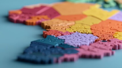 A colorful puzzle map of Africa, showcasing various regions with distinct colors, emphasizing geography and education.