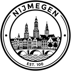 Nijmegen Emblem Featuring Historic Buildings, Church Towers, and River Bridge