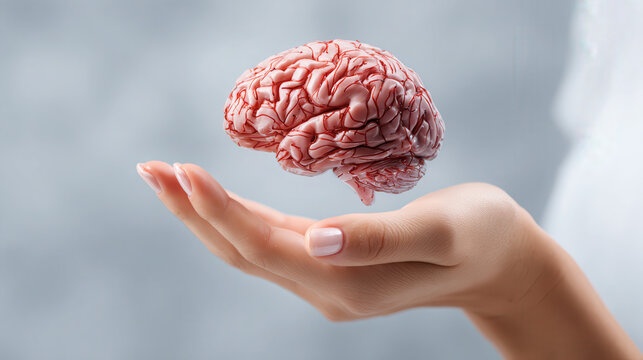 Human hand gently holding a realistic 3d brain model - Powered by Adobe
