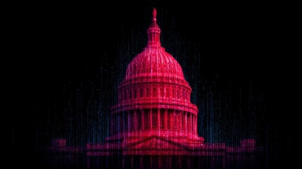 A digital rendition of a prominent dome structure illuminated in red, surrounded by cascading binary code against a black background.