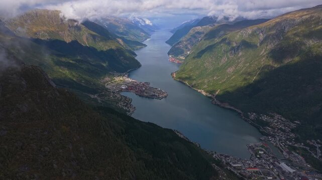 Topdown of Odda surrounded by dramatic natural landscape