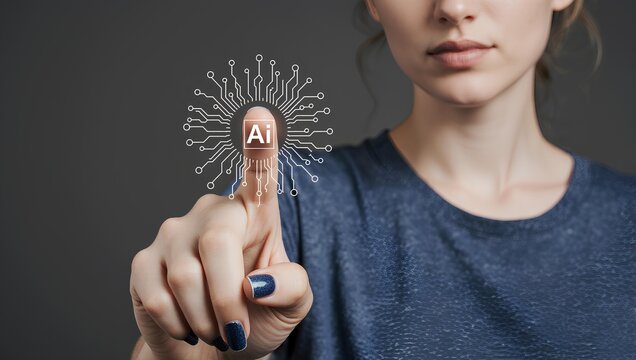 Artificial intelligence AI circuit board in shape electronic PCB circuit icon symbol on human hand finger touching with cyberpunk neon cyberspace lighting. Innovative technology Machine learning