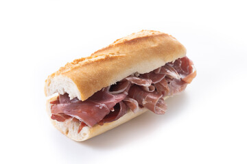 Traditional Spanish Serrano Ham Sandwich isolated on white background