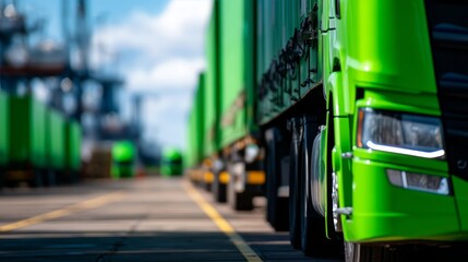 A vibrant image of green trucks parked at a loading facility, showcasing a lively industrial environment under a bright sky.