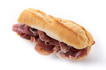 Traditional Spanish Serrano Ham Sandwich isolated on white background